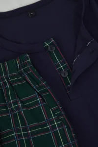 TRENDYOLMİLLA MEN NAVY BLUE Regular Button Collar Plaid Knitting Pajama Set - Image 2