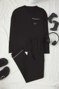 TRENDYOLMİLLA MEN Black Regular/Normal Cut Biye Detailed Embroidered Pajama Set