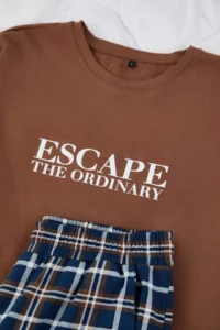 TRENDYOLMİLLA MEN Brown Regular Plaid / Checkered Knitting Pajama Set - Image 3