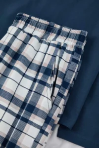 TRENDYOLMİLLA MEN NAVY BLUE Regular Plaid / Checkered Knitting Pajama Set - Image 2