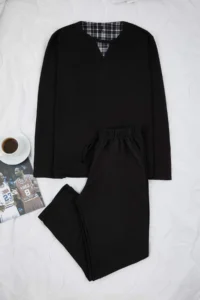 TRENDYOLMİLLA MEN Black Regular Soft Waffle Knitting Pajama Set - Image 5