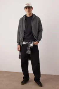 TRENDYOLMİLLA MEN Gray Regular/Normal Cut textured Hooded Sweatshirt