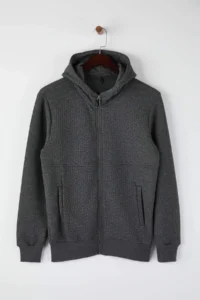 TRENDYOLMİLLA MEN Gray Regular/Normal Cut textured Hooded Sweatshirt - Image 5