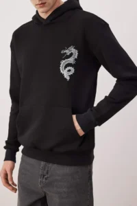 TRENDYOLMİLLA MEN Black Regular/Normal Cut Printed Hooded Sweatshirt - Image 2