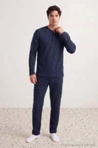 TRENDYOLMİLLA MEN NAVY BLUE Regular Fit Button Collar Knitting Pajama Set
