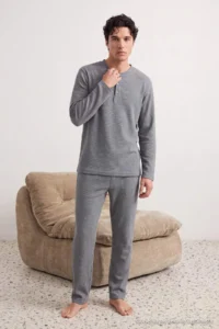 TRENDYOLMİLLA MEN Smoke Gray Regular Fit Button Collar Knitting Pajama Set