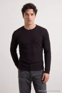 TRENDYOLMİLLA MEN Dark Brown Regular/Rahat Pattern Waffle textured Knitting Sweatshirt - Image 3