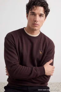 TRENDYOLMİLLA MEN Brown Oversized/Rahat Pattern Geyik Embroidered Sweatshirt - Image 3