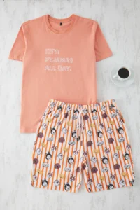 TRENDYOLMİLLA MEN Unisex Orange Regular Fit Dog Printed Knitting OF shorts Pajama Set - Image 3