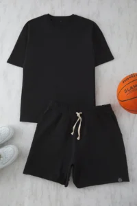 TRENDYOLMİLLA MEN Black Regular Thick Tshirt Shorts 2 Sets Tracksuit - Image 6