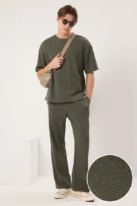 TRENDYOLMİLLA MEN Khaki Oversized/Wide Cut textured Short Sleeve Tracksuit