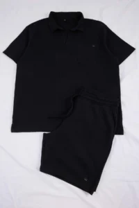 TRENDYOLMİLLA MEN Black Regular Cut textured Polo Shirt Shirt Collar T-Shirt Shorts Plus Size Tracksuit - Image 3