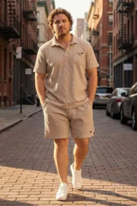 TRENDYOLMİLLA MEN Camel Regular Cut textured Polo Shirt Shirt Collar T-Shirt Shorts Plus Size Tracksuit - Image 2