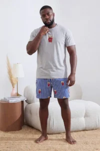 TRENDYOLMİLLA MEN Plus Size Gray Regular Cut Striped Teddy Bear Patterned Knitting Pajama Set