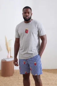 TRENDYOLMİLLA MEN Plus Size Gray Regular Cut Striped Teddy Bear Patterned Knitting Pajama Set - Image 2