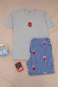 TRENDYOLMİLLA MEN Plus Size Gray Regular Cut Striped Teddy Bear Patterned Knitting Pajama Set - Image 3