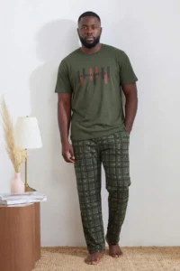 TRENDYOLMİLLA MEN Green Plus Size Regular/Normal Cut Printed Bottom Plaid pattern Pajama Set - Image 2