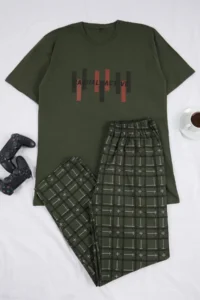 TRENDYOLMİLLA MEN Green Plus Size Regular/Normal Cut Printed Bottom Plaid pattern Pajama Set - Image 4