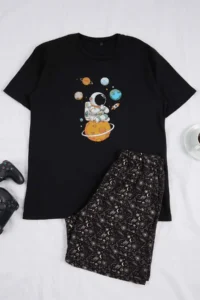 TRENDYOLMİLLA MEN Black Regular Cut Galaxy pattern Cotton Pajama Set - Image 5