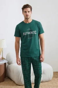 TRENDYOLMİLLA MEN Green Regular/Normal Cut Printed Bottom Plaid Patterned Pajama Set - Image 2