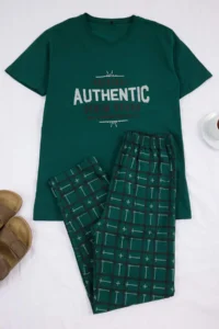 TRENDYOLMİLLA MEN Green Regular/Normal Cut Printed Bottom Plaid Patterned Pajama Set - Image 4