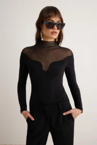 TRENDYOLMİLLA Black Collar Detailed Long Sleeve Tulle Bodysuit .D.00030