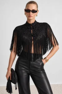 TRENDYOLMİLLA Black Tassel Detailed Ornate Cloak Blouse