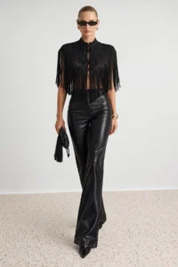 TRENDYOLMİLLA Black Tassel Detailed Ornate Cloak Blouse - Image 2