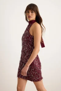 TRENDYOLMİLLA Burgundy Plain Knitting Sequin Short / Mini Unlined Dress - Image 2