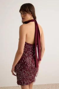 TRENDYOLMİLLA Burgundy Plain Knitting Sequin Short / Mini Unlined Dress - Image 3