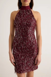 TRENDYOLMİLLA Burgundy Plain Knitting Sequin Short / Mini Unlined Dress - Image 4