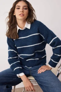 TRENDYOLMİLLA NAVY BLUE*001 Wide Pattern Soft textured Striped Basic Knitwear Sweater