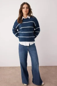 TRENDYOLMİLLA NAVY BLUE*001 Wide Pattern Soft textured Striped Basic Knitwear Sweater - Image 2
