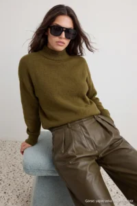 TRENDYOLMİLLA Oil Green Wide Pattern Soft textured High Neck Knitwear Sweater - Image 2