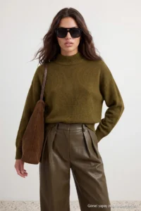 TRENDYOLMİLLA Oil Green Wide Pattern Soft textured High Neck Knitwear Sweater - Image 3