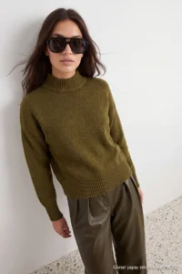 TRENDYOLMİLLA Oil Green Wide Pattern Soft textured High Neck Knitwear Sweater - Image 4