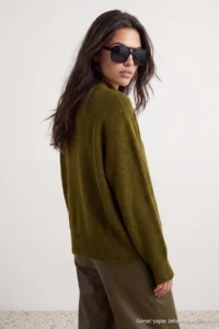 TRENDYOLMİLLA Oil Green Wide Pattern Soft textured High Neck Knitwear Sweater - Image 5