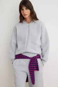 TRENDYOLMİLLA Gray Melange Oversized/Wide Pattern Zippered Thick Fleece Inside Knitting Tracksuit - Image 2