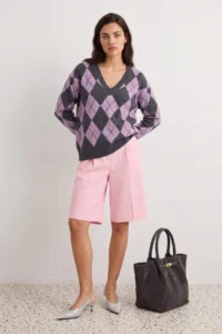 TRENDYOLMİLLA Anthracite Soft textured V-neck Wide Pattern Baklava Knitwear Sweater - Image 2