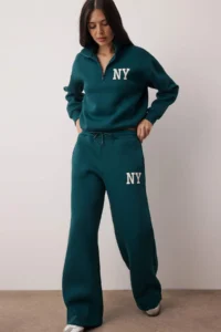 TRENDYOLMİLLA Teen Emerald Green Embroidered High Neck Zippered Wideleg/Wide Leg Knitting Tracksuit - Image 2