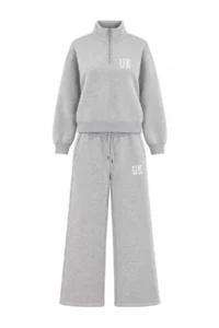 TRENDYOLMİLLA Teen Gray Melange Embroidered High Neck Zippered Wideleg/Wide Leg Knitting Tracksuit