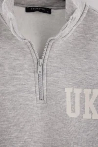 TRENDYOLMİLLA Teen Gray Melange Embroidered High Neck Zippered Wideleg/Wide Leg Knitting Tracksuit - Image 3