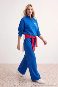 TRENDYOLMİLLA Teen Saks BLUE Embroidered High Neck Zippered Wideleg/Wide Leg Knitting Tracksuit - Image 2