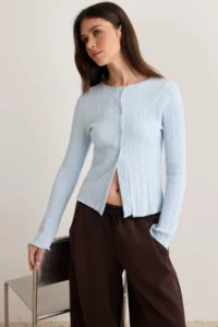 TRENDYOLMİLLA Light BLUE Jacquard Fitted Button Detailed Flexible Knitting Blouse