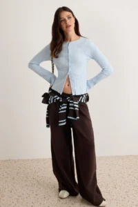 TRENDYOLMİLLA Light BLUE Jacquard Fitted Button Detailed Flexible Knitting Blouse - Image 2
