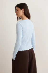 TRENDYOLMİLLA Light BLUE Jacquard Fitted Button Detailed Flexible Knitting Blouse - Image 4