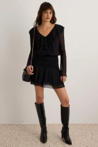 TRENDYOLMİLLA Black Plain with flywheel/Frilly Fitted/Body-fitting Mini Flexible Knitting Dress