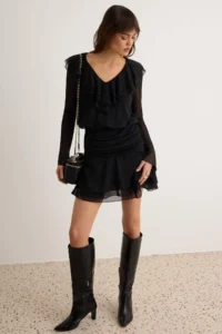 TRENDYOLMİLLA Black Plain with flywheel/Frilly Fitted/Body-fitting Mini Flexible Knitting Dress - Image 2