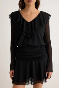 TRENDYOLMİLLA Black Plain with flywheel/Frilly Fitted/Body-fitting Mini Flexible Knitting Dress - Image 3