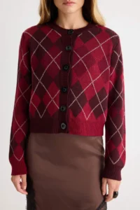 TRENDYOLMİLLA Plum Crew Neck Baklava/Plaid Patterned Crop Knitwear Cardigan - Image 3